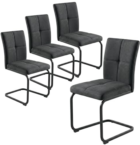 JIEXI Cantilever Dining Chairs Set of 4, Grey Fabric, High Back | Textured Fabric, Padded Seat and Backrest, Quilted Stitching, Black Metal Frame, Kitchens Chairs for Dining Rooms, Offices