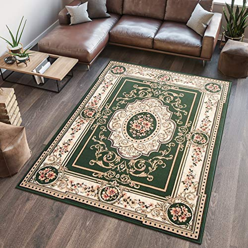 TAPISO Atlas Teppich Kurzflor Grün Creme Rot Klassisch Ornament Floral Mäander Traditionell Orientteppich Wohnzimmer Schlafzimmer ÖKOTEX 140 x 200 cm