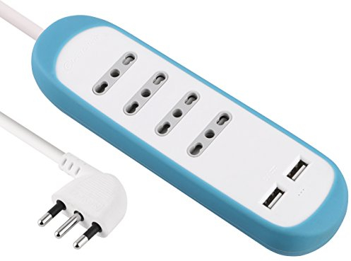 Electraline 62063 Multipresa 4 Posti Bivalenti 10/16A e 2 USB 2.1A con Copertura Protettiva e Antiscivolo di Silicone, Blu