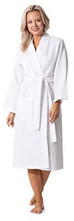 Turkish Linen Waffle Knit Lightweight Kimono Spa & Bath Robes for Women - Quick Dry - Soft (White, Large)
