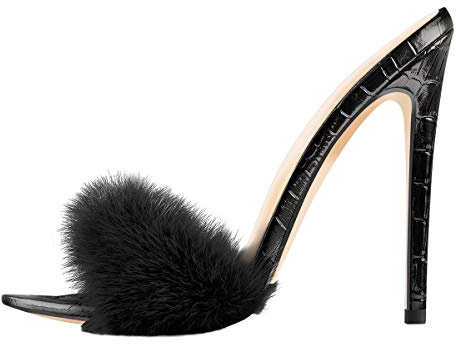 Only maker Open Pointed Toe High Heel Mules Sexy Sandals for Women Dress Heels Ladies Stiletto Heel Summer Shoes Faux Fur Black Size 5