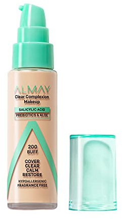 Almay Clear Complexion Acne Foundation Makeup with Salicylic Acid, Medium Coverage, Soft Matte Finish, Hypoallergenic, Cruelty- & Fragrance-Free, Dermatologist Tested, 200 Buff, 1 fl oz