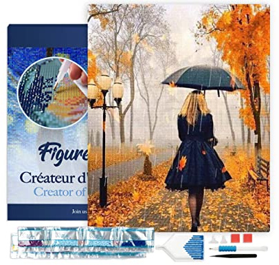 Figured'Art Diamond Painting Kit completo con marco - Cuadro 40x50cm de Pintura de Diamante - Bastidor montado - diamantes de imitación cuadrados - Mujer en la lluvia - 5D DIY Manualidades Adultos