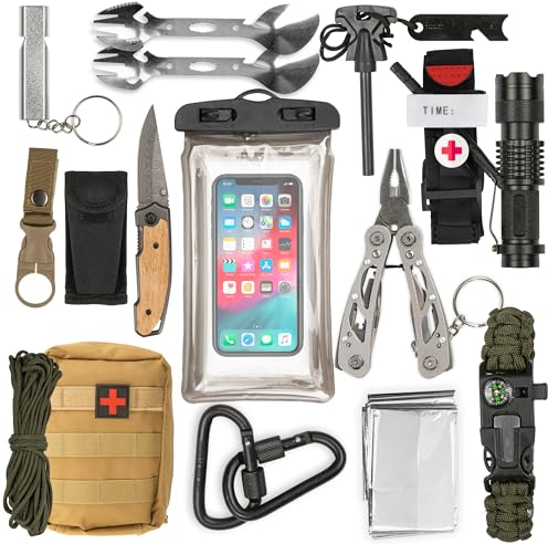 Kit de Survie Militaire Complet–Trousse de Secours avec Garrot/Lampe Torche/Couteau/Pierre à feu/Pince Multifonction/Couverture Sifflet de Survie–Camping Randonnée Pêche Chasse survivalisme