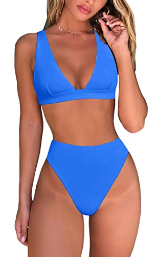 fatty tiger Womens High Waisted Thong Bikini Sets Sexy Brazilian Triangle Top Deep V Neck Two Piece Swimsuit Bathing Suits, Baby Blue, Large