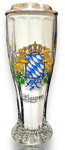 Gravuren Feller Weizenbierglas mit Sternboden, farbiger Bayernraute und Zinndeckel-Weißbierglas, 0,5 Liter, Glas und Zinn