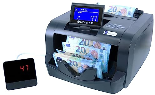 Monepass - Compteuse de billets à quintuple détection des faux billets UV/MGI/MGT/IR/2D - Vitesse 1000 billets/mn -Garantie 2 ans