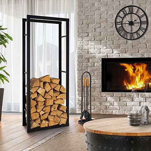 ML-Design Estanteria Metálica para Leña 60 x 150 x 25 cm Soporte Organizador de Madera para Interior o Exterior, Leñero Negro Moderno Junto a Chimenea/Fogata Estructura de Acero para Apilar Troncos