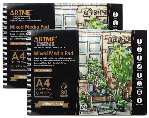 ARTME A4 Blocs de médias mixtes 2pcs, 30 feuilles 200 g/m², reliure spirale, avec lignes de coupe déchirantes, carnet de croquis pour dessin et peinture