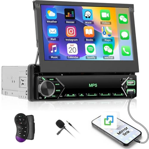 Fuluku 1 Din bilradio med trådbunden spegellänk, 7 tum manuell uppfällbar radio med Bluetooth/USB/Type-C/FM/RDS/EQ/backkamera/MIC/SWC