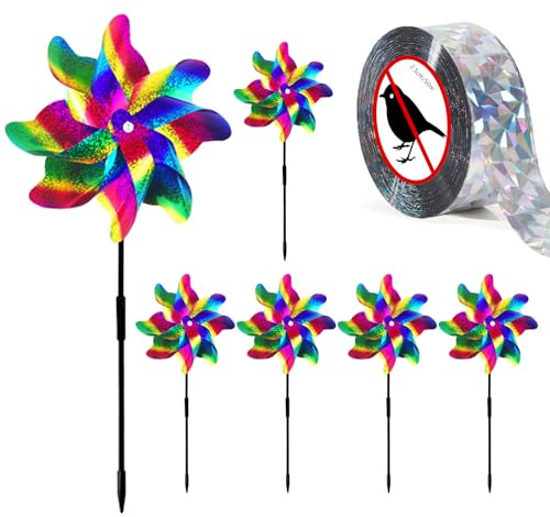 Molino de Viento Reflectante 6 Piezas,con 1 Piezas Cinta Repelente de pájaros,Repelentes De Molino De Viento,Reflectante Anti-pájaros,para Balcón Hogar Jardín y Granja Control de Aves (Multicolor)