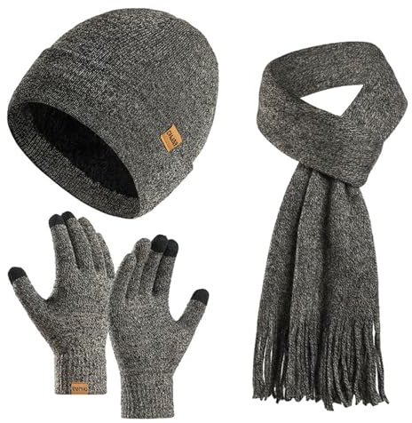 Generico Inverno 3 Pezzi Cappello di Lana Sciarpa Guanti Touchscreen Set, Caldo Beanie Cappello Teschio Sciarpa Guanti Termici Set per Uomo Set da Tre Pezzi Casual da Donna Sciarpa Lunga