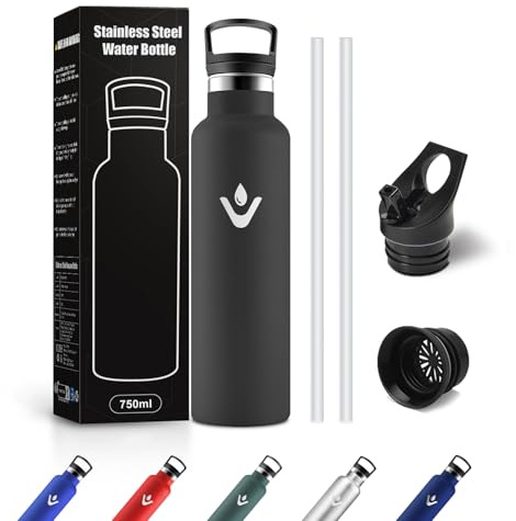Botella Agua Acero Inoxidable 750ml, Aislamiento Térmico de Doble Pared, Botella Termica con Pajita, sin BPA, a Prueba de Fugas, Cantimplora Reutilizable para Oficina, Camping, Guardería, Viajes