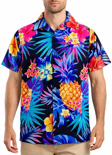 King Kameha Herren Hawaiihemd Kurzarm, Pineapple, Schwarz/Blau, XS