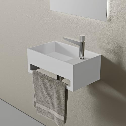 Bernstein Wand-Waschbecken PB2077 50 x 30 x 20 cm Weiß Matt - Mineralguss Solid Stone - Hänge-Waschbecken mit integriertem Handtuchhalter und Ablagefläche - Rechteckiges Waschtisch mit Armaturenloch