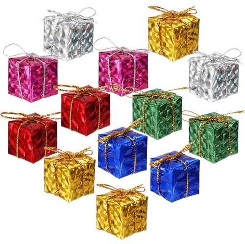 EXCEART 72 Pcs Christmas Tree Decor Hanging Gift Box Christmas Ornaments Mini Wrapped Present Boxes Miniature Foil Ornaments for Xmas Tree Pendant (Assorted Color)