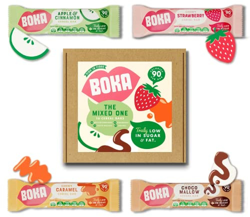 Boka Food Mixed pack of 16 x 30g Cereal bars. - 4 Flavours of Healthy Cereal Bars, Low Sugar & Low Fat Snack Bars, High Fibre Breakfast Bars, Vegan Snacks - Perfect for Kids & Adults