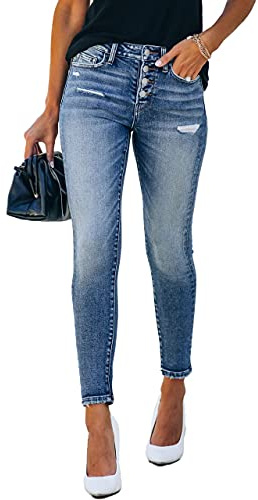Allimy Women's High Waist Skinny Stretch Ripped Jeans Destroyed Denim Pants 6