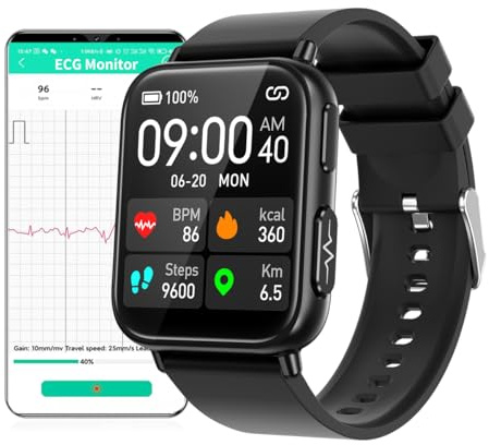 Smartwatch Uomo ECG, 1,7 Quadrato Orologio Intelligente Temperatura Corporea, IP68 Impermeabile Smart Watch Donna, Cardiofrequenzimetro da Polso Contapassi Tracker Attività per Android iOS Nero