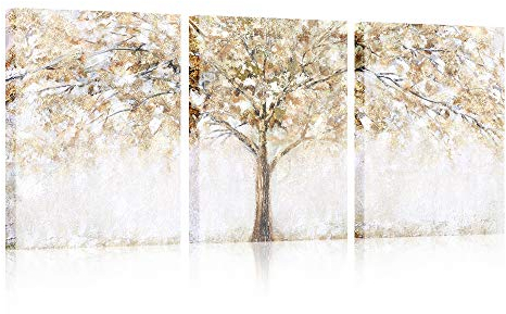 3 Panels Mit Rahmen Baum Leinwand Bilder Kunstdrucke Poster Gold Beige Bild auf Leinwand Malerei Wandbilder Heimbüro Wohnzimmer Schlafzimmer Dekorationen Bereit zum Aufhängen 90x40cm (12x16x3pcs)