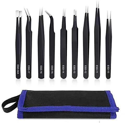 kaverme 9PCS Precision Tweezers Set, Upgraded Anti-Static Stainless Steel of Tweezers, for Electronics, Soldering, Laboratory Work, Jewelry-Making, Model, Craft