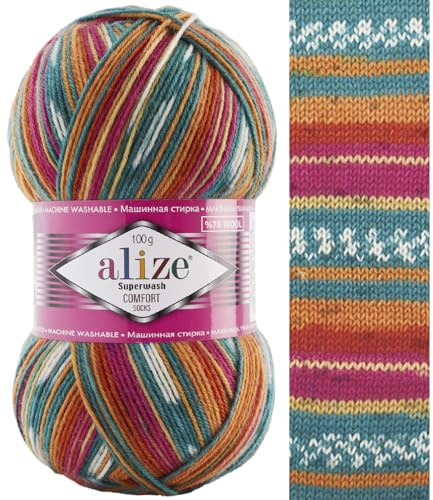 Sock Yarn 100 g Superwash Comfort Sock Wool 420 m 75% SW Wool - 25% Polyamide Hand Knitting Yarn Multicoloured Sweater Vest Cardigan Blouse Scarve Hat Beanie Bootie Mitten Beret (7839)
