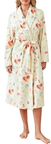 Acrawnni Damen-Bademantel, Flanell, Blumenmuster, Obstdruck, Plüsch, Schalkragen, Bademantel, warm, für Hotel, Spa, Party, Kimono, Bademantel mit Gürtel, A-gelb, 42