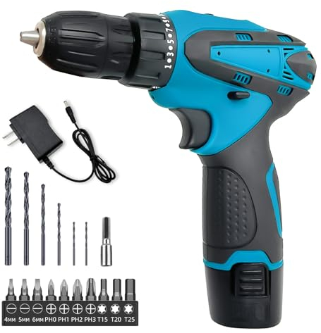 12V Akkuschrauber Set, Bohrschrauber Mit 1x 2000mAh Akkus, 50 N.m Max Akku Bohrmaschine, Drehmoment auf 25+1 Stufen, mit 16PCS Zubehöre für Haus und Garten DIY Projekt