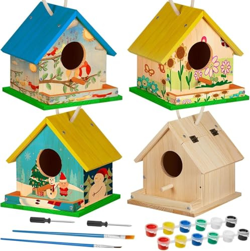 Liliful 8 Sets Wooden DIY Birdhouse Kit, Unfinished Bird Houses with Paints and Paintbrushes, Bird Feeder Craft Arts for Kids Ages 4-8, 8-12, Classroom Activity and Adults Wooden Craft Gifts