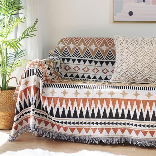 LumiSyne Manta Aztec Navajo Manta De Algodón Tejida con Borlas Estilo Étnico Tribal Patrón Geométrico Reversible Decorativa Manta para Sofá Cama Silla Manta De Camping Tapiz Manteles Alfombra