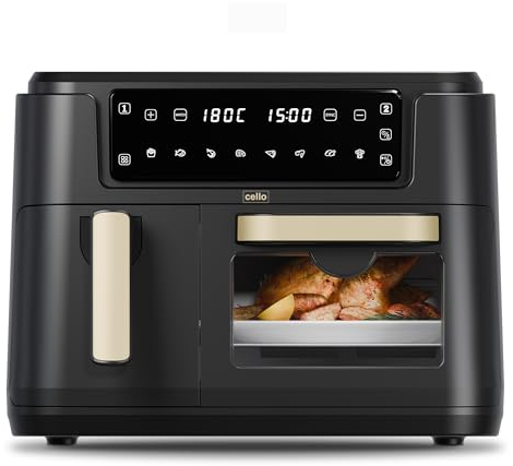 Cello 2400W Dual Zone Digital 11 Litre Black Air Fryer With 2 Drawers, 3.5L and 7.5L Oven, 8-in-1, Touch Control, Air Fry, Grill, Roast, Bake, 8 Portions, Non-Stick, Dishwasher Safe, 2024 model