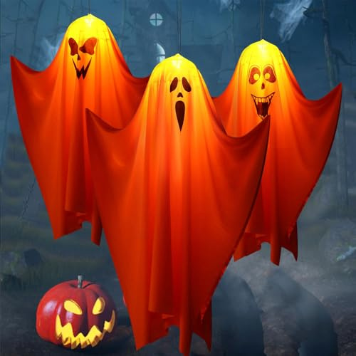 3 Piezas Fantasmas Colgantes de Halloween Con LED, Luminosos para Decoración Exterior, Patio, Jardín (Color Naranja)