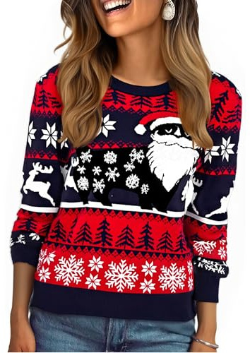 Litherday Jersey Navidad Mujer Invierno Suéter Navideño Original con Copos de Nieve y Árbol, Ropa Navidad Mujer Festiva y Cálida para Fiesta,Azul Oscuro, S