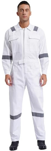 Miutii Herren Arbeitsoverall Mechanisch Jumpsuit Overall mit Reflektierende Streifen Schutzanzug Maleroverall Handwerker Arbeitskleidung Weiß XL