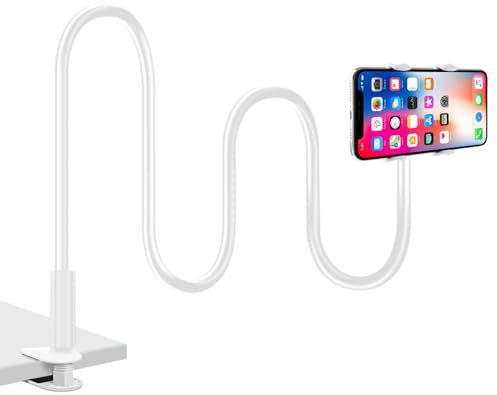 AERRYORD Gooseneck Lazy Phone 360°Adjustable Holder for Bedside Desktop, Base with Knob Adjustable Fixed, 80CM Cell Mobile Phone White Lazy Bendable Flexible Arm Clamp Bracket Holder Stand for Phones
