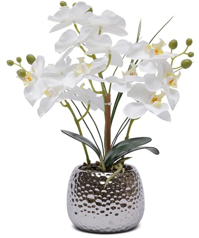 DHQCQL Orchidées artificielles en pot - Fleurs artificielles blanches pour salon, salle de bain, table, 13 x 13 x 39 cm
