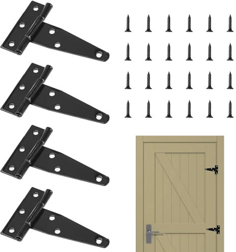 hioseyre 4 Pcs T-shaped Black Steel Gate Hinges, Painted Finish, Surface Mount, Ideal for Wooden Gates, Barns, Fences & More