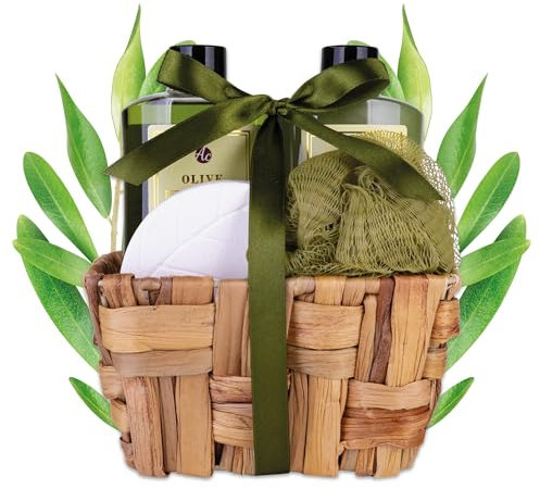 Accentra - Set da bagno da donna Olive in cestini in erba marina, set doccia con gel doccia, bagno in schiuma, bomba da bagno e spugna a rete, set da 4 pezzi per donne e ragazze