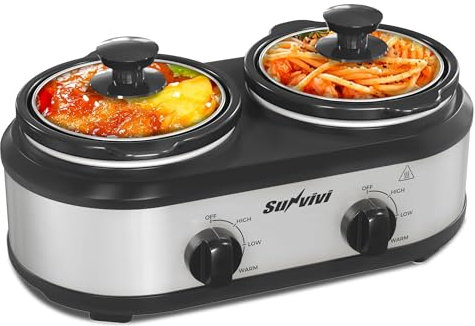 Sunvivi Dual Pot Slow Cooker, 2 Pot Small Mini Crock Buffet Server and Warmer 2 * 1.25 Quarts silver