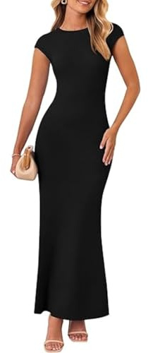 AOWVUTS Vestito Lungo Donna Vestiti Sexy a Maniche Corte Aderente Maxi Vestito Girocollo Scollo Eleganti Abito da Sera Bodycon Abiti Estivi per Festa Discoteca Cocktail Club