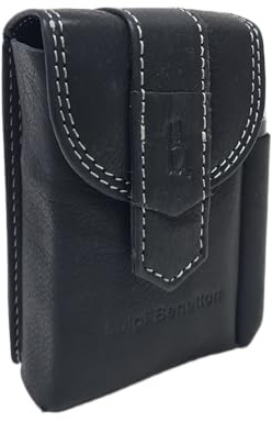 Luigi Benetton Étui à cigarettes en cuir véritable, double bouton, porte briquet latéral, dimensions 10 x 6,5 x 3 cm, avec boîte cadeau Art. 3176 (noir)