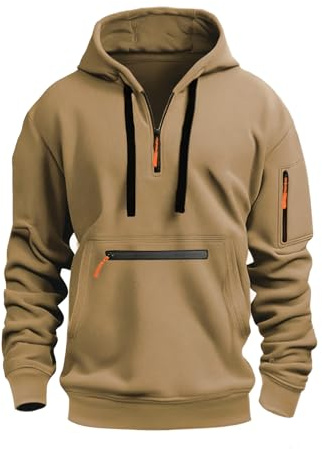 JFAN Sweat à Capuche Homme Pull Zippé à Capuche de Manches Longues Couleur Unie Homme Sweatshirt épais pour Hiver et Automne,Kaki,XXL