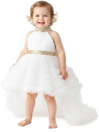 Lito Angels Robe en Tulle Fille avec nœud au Dos | Jupe tulle superposée, ourlet asymétrique, dentelle dorée, col montant, nœud au dos, Mariage, Baptême, Anniversaire, Noël