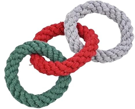 Braided Rope Dog Toy, Triple Ring Design, Cotton Tug Chew Toy for All Breeds, Interactive Pet Training, 9.25 Inch, Multi-Color (Red Green Gray, Medium)