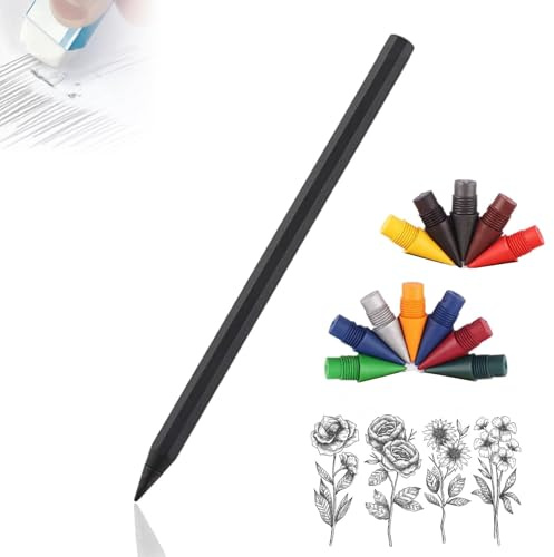 CKryzillix Forever Pencil, Metal Alloy Writing Instrument, That Never Needs Sharpening, Reusable with 12 Colors Replaceable Nibs, Ideal for Writing & Drawing(Pen+12 colored pen tips)