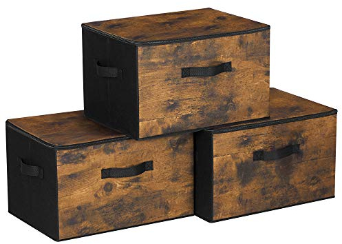 SONGMICS Foldable Storage Organiser Boxes, Set of 3 Storage Basket Bins with Lids, Handles, Clothes Organiser, 40 x 30 x 25 cm, Non-Woven Fabric, Rustic Brown RYZ103B01