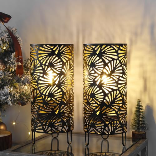 JHY DESIGN Set di 2 lampade da tavolo in metallo retrò a batteria 24cm di altezza senza fili con lampadina a LED in vetro, per matrimoni, feste, patio, giardino(ferro nero spruzzato con oro)