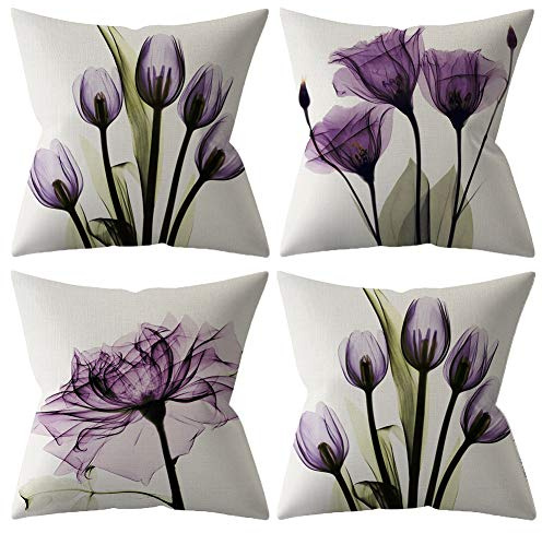 BCKAKQA Decorative Throw Pillow Covers 18x18 inches Set of 4 Purple Flower Cushion Covers 45cm x 45cm Boho Linen Square Throw Pillow Cases for Living Room Sofa Couch Bed Pillowcases