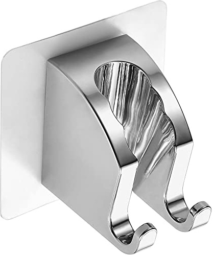 JONKEAN Chrome Handheld Shower Head Holder with 2 Hanger Hooks Strong Adhesive Shower Head Holder Adjustable Shower Wand Holder Wall Mount, Bathroom Waterproof Shower Bracket Holder