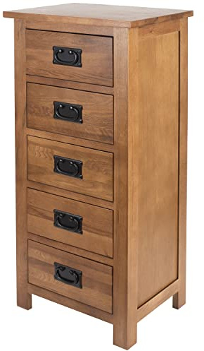 Aurotrice Chest of Drawers OAK 5 Drawers Cabinet Narrow Storage Organiser Unit with Solid wood Legs for Living Room Bedroom Hallway